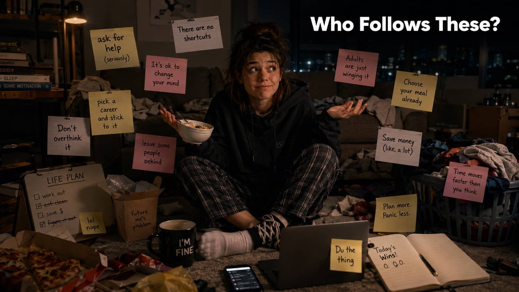 Stressed woman shrugging amidst messy room surrounded by sticky notes about unwritten rules of life.