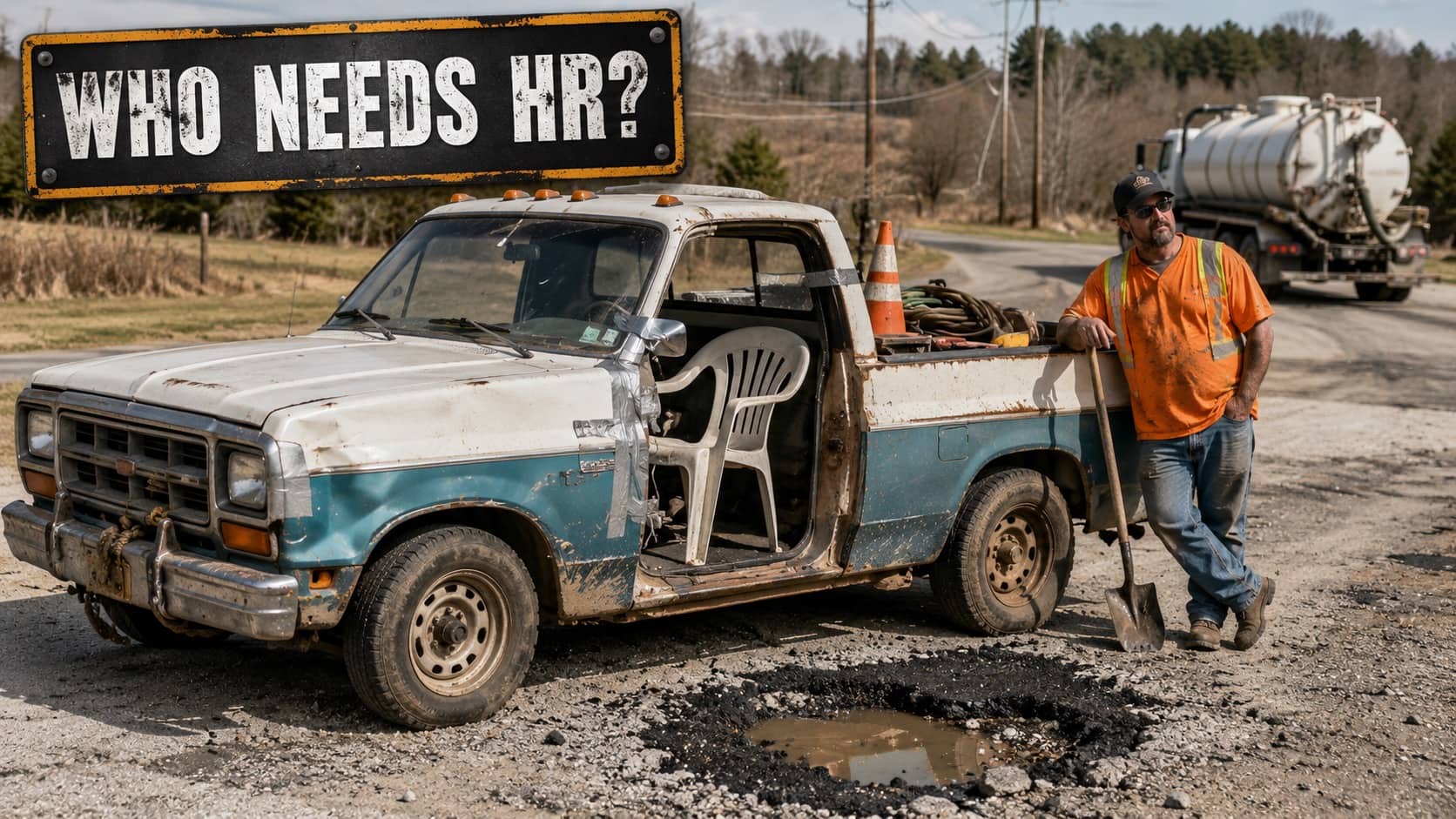 Blue collar meme featuring beat up truck with plastic chair door and text who needs HR.