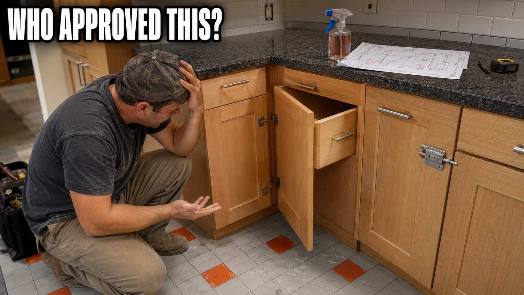 Confused worker looking at poorly designed kitchen cabinets with Who Approved This funniest fails text.