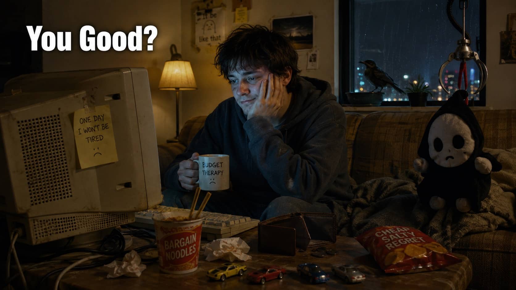 A tired man looking at a computer screen next to depressing memes props and noodles.
