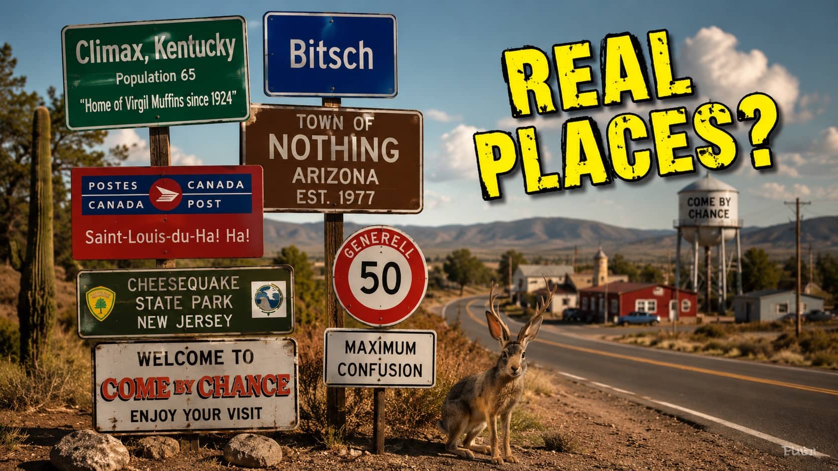 Collection of funny real place name signs stacked along desert road next to a jackalope.