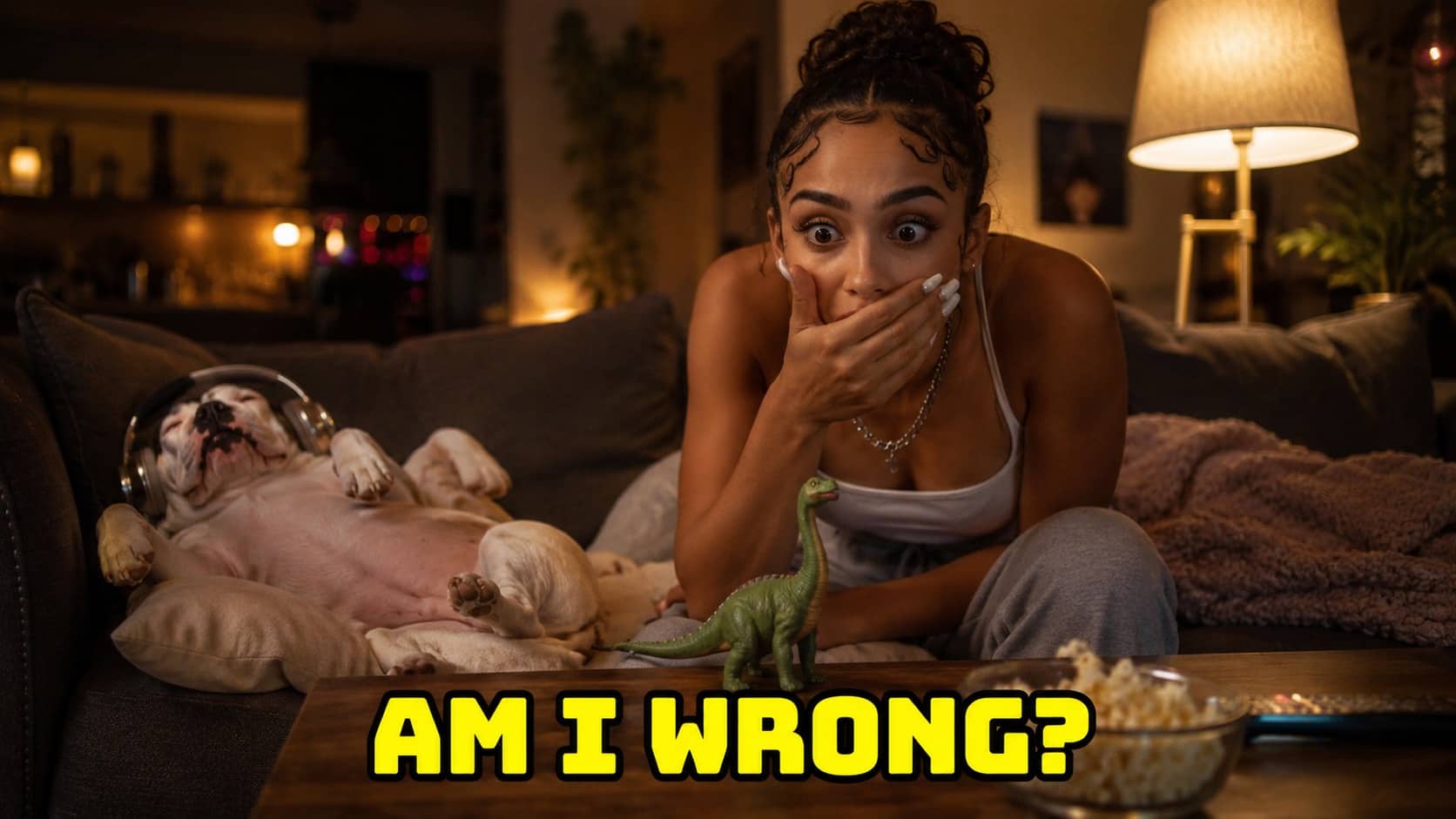 Funny high thoughts meme showing a shocked woman looking at a toy dinosaur on a table.
