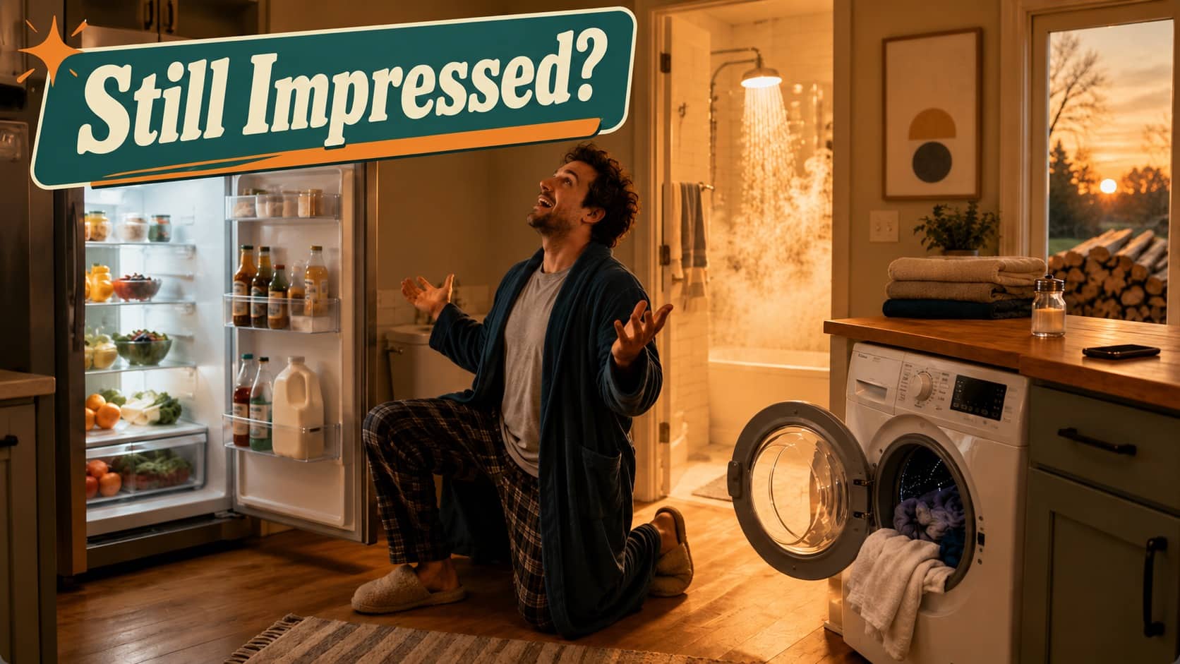 Man in bathrobe kneeling in awe surrounded by working household appliances including a refrigerator, shower, and washing machine.