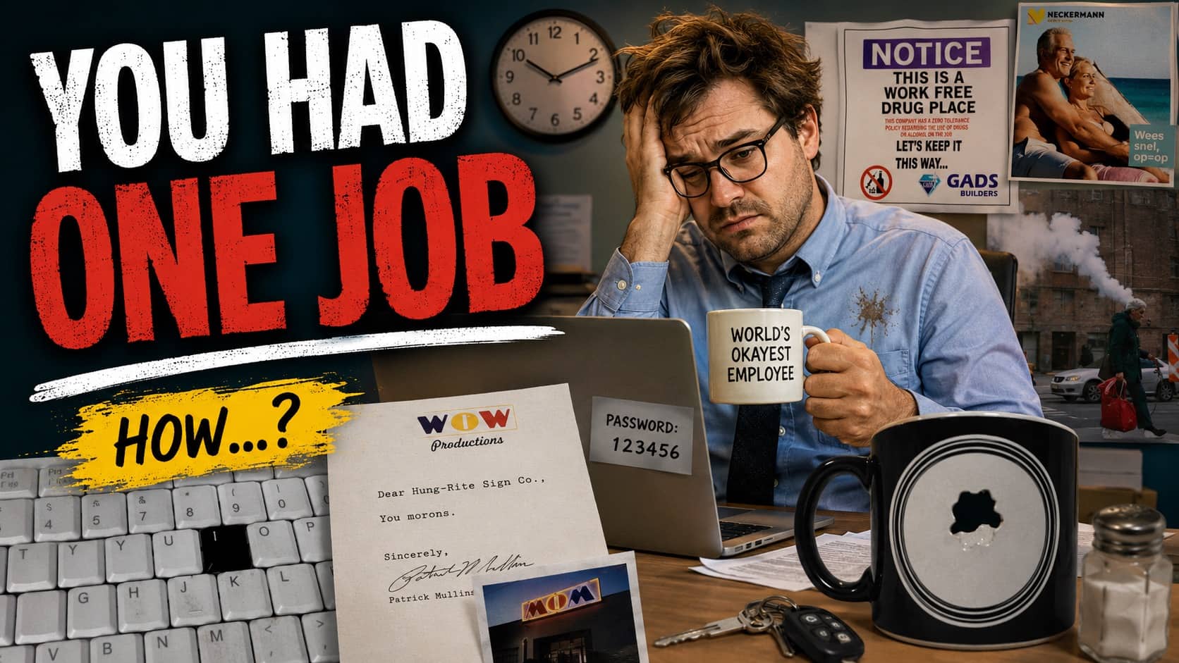 Exhausted office worker sitting at a messy desk with various funny workplace mistakes and failures.