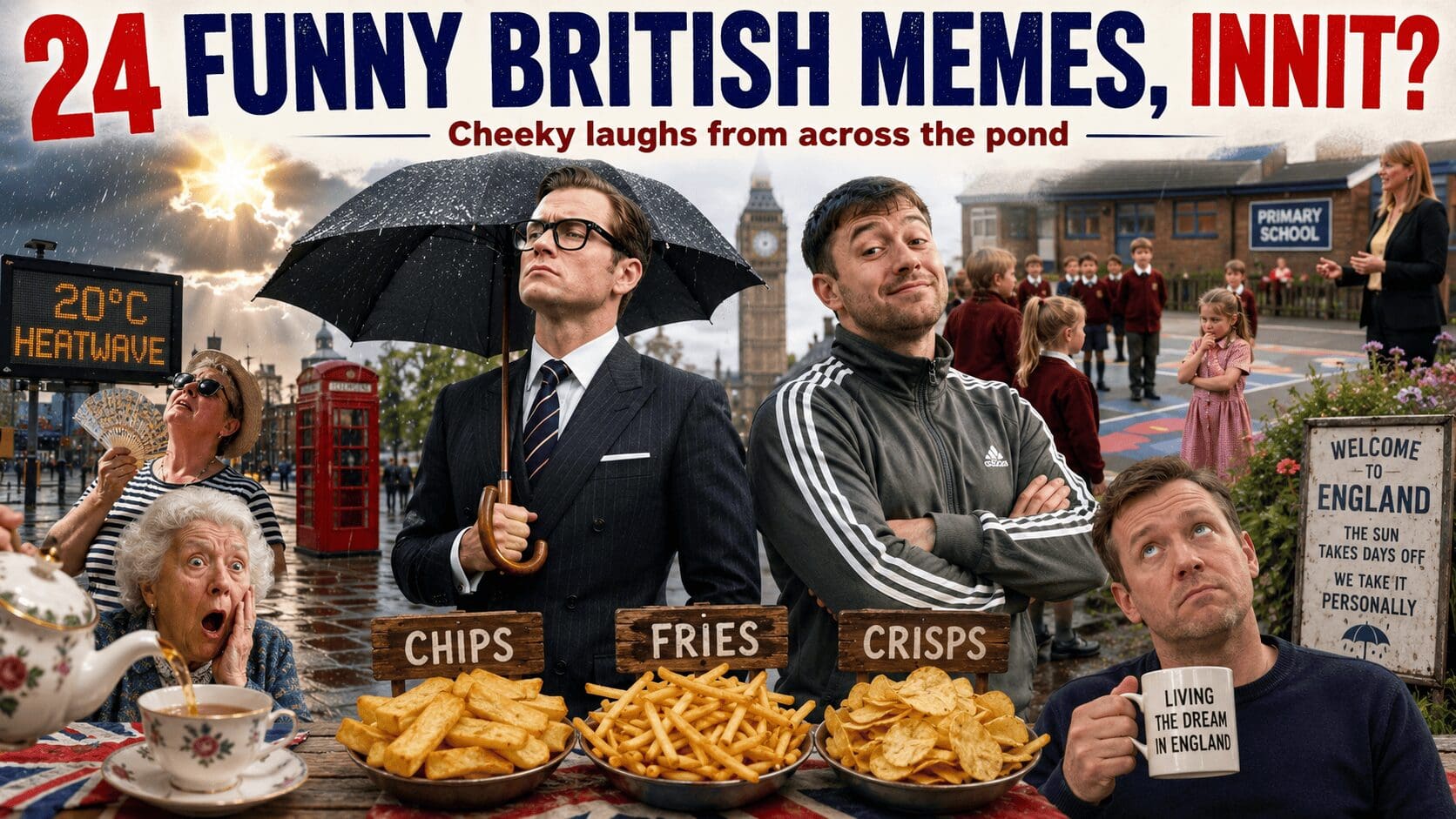 A high-performance visual catalog optimized around the british meme aesthetic leads with a surreal, viral edit of a classical orchestra playing massive, rotating spits of Döner kebab meat with carving knives. The master collection binds generations of UK internet culture together, contrasting a massive Union Jack galaxy brain breakdown of roadman slang with an incredibly deep-fried, blindingly bright image of a local man staring in terror at the sun after decades of overcast skies.