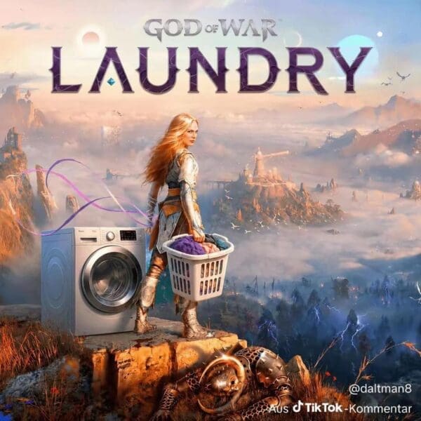 An edited video game cover parody operating as a God of War Laufey meme replaces the title with "GOD OF WAR LAUNDRY," showing the blonde giantess Faye standing on a rugged Nordic cliffside holding a plastic basket full of clothes next to a modern washing machine.
