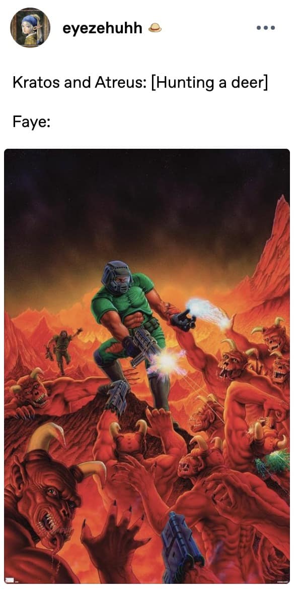 A pop-culture gaming mashup acting as a funny God of War Laufey meme contrasts Kratos and Atreus doing a low-key deer hunt against Faye's raw perspective, represented by the legendary, hyper-violent original DOOM cover art of gunning down endless hordes of demons.