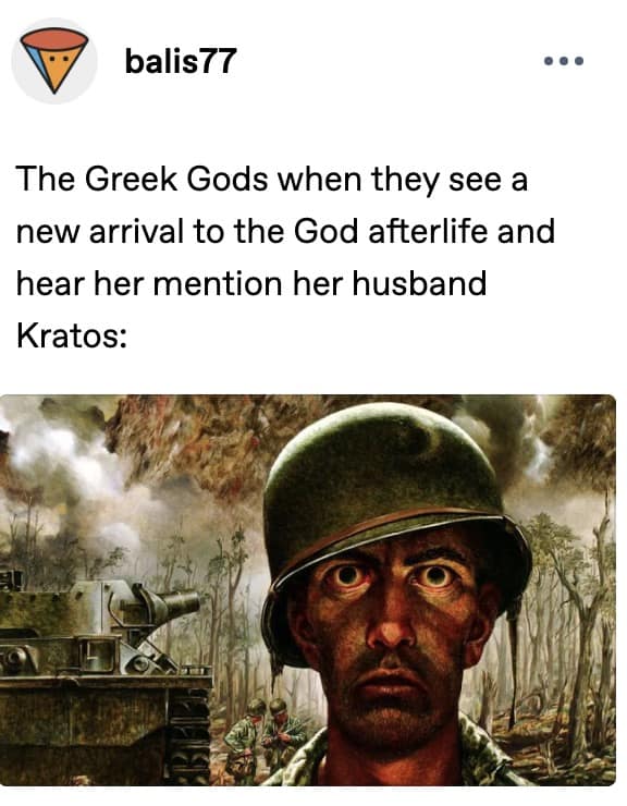 A gaming history joke operating as a viral God of War Laufey meme displays the iconic "Thousand-Yard Stare" WWII soldier painting to represent the immediate terror and absolute PTSD of the deceased Greek Gods in the afterlife when they discover Kratos' late wife has arrived.
