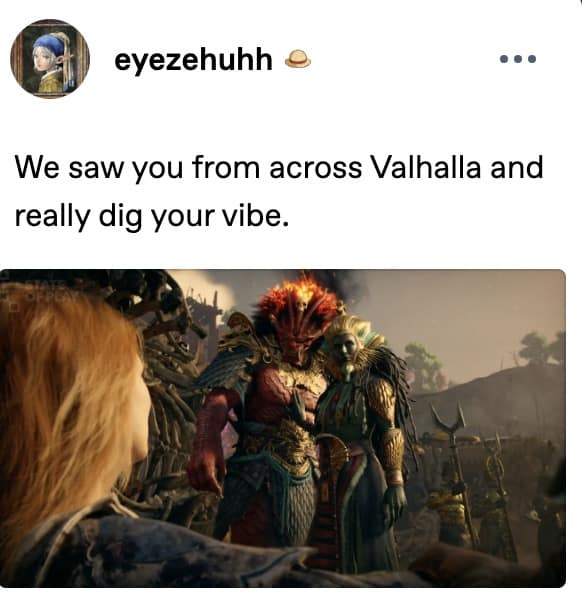 A modern relationship parody serving as a God of War Laufey meme features a leaked trailer screenshot of a massive horned fire giant and a dark sorceress staring at Faye, subtitled with the swinger-couple pickup line: "We saw you from across Valhalla and really dig your vibe."