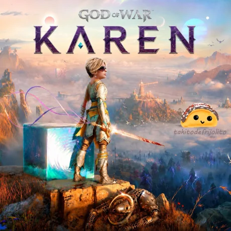 A hilarious box art parody serving as a God of War Laufey meme alters the game title to read "GOD OF WAR KAREN," editing a short asymmetrical blonde haircut and sunglasses onto the protagonist while adding a translucent companion cube and a cute smiling cartoon taco to the scenery.
