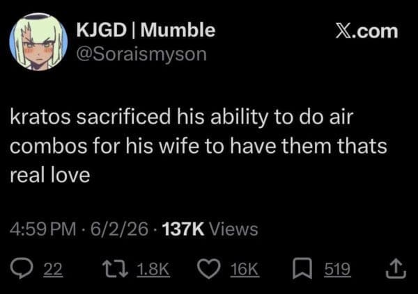 A text-based gaming screenshot serving as a God of War Laufey meme features a tweet from user @Soraismyson joking that Kratos sacrificed his own baseline mechanical ability to execute fluid air combos so his wife Faye could have them instead.