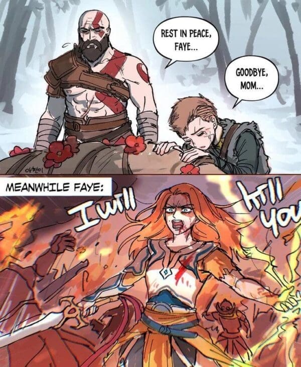 A funny fan-comic layout operating as a God of War Laufey meme contrasts Kratos and Atreus solemnly saying goodbye at Faye's funeral pyre against a chaotic bottom panel showing Faye screaming in pure bloodlust while annihilating enemies in a blazing warzone.