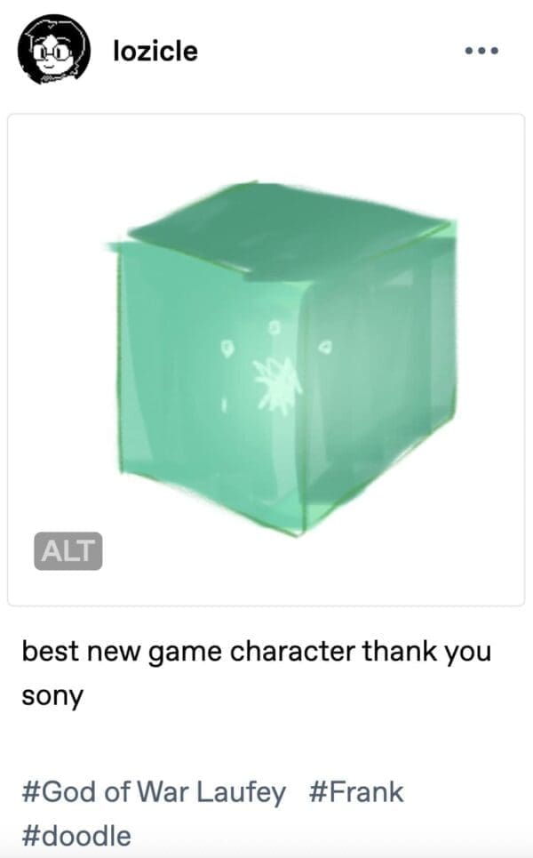 A simple digital doodle featured as a God of War Laufey meme depicts a translucent green gelatinous cube with a small face, ironically praised as the best new companion character in the Sony franchise with the tag "#Frank."
