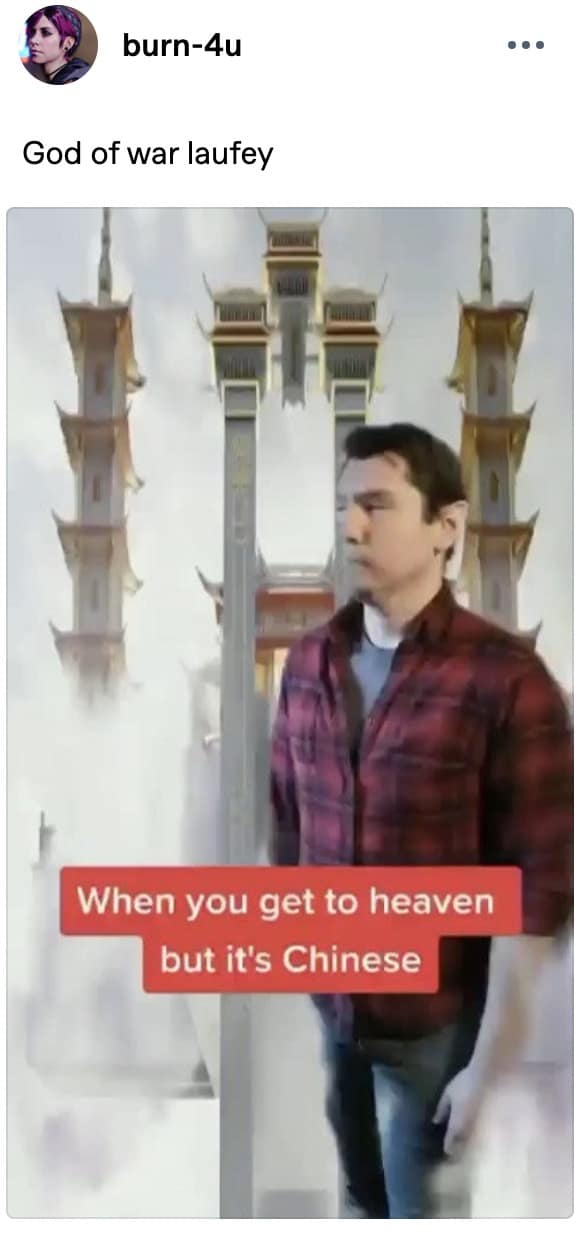 A surreal humor template utilized as a God of War Laufey meme shows a man in a flannel shirt entering a grand, glowing traditional Chinese celestial gateway under the text, "When you get to heaven but it's Chinese."