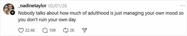 Screenshot of a social post saying nobody talks about how much of adulthood is just managing your own mood so you do not ruin your own day, a painfully relatable adulting meme about being both the problem and the unpaid emotional support staff.