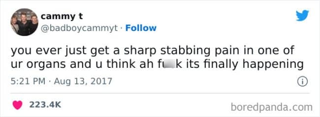 tweet-style adulthood meme jokes about feeling a sharp stabbing pain in one organ and immediately thinking “it’s finally happening,” perfectly capturing the grown-up panic spiral where every random ache becomes a medical cliffhanger.