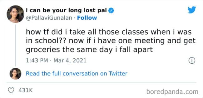 A painfully accurate adulthood meme asks how school once required multiple classes every day, but now having one meeting and buying groceries on the same day is enough to make a person completely fall apart.