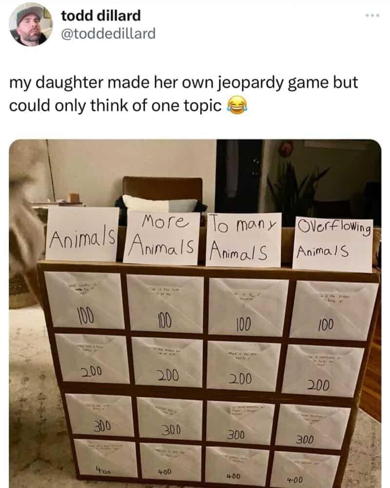 A heartwarming addition to animal memes showcases a custom cardboard Jeopardy board built by a child, shared on Twitter by todd dillard (@toddedillard). The board uses white envelopes for point values under four distinct, hilariously single-minded category headers: "Animals," "More Animals," "To many Animals," and "Overflowing Animals."