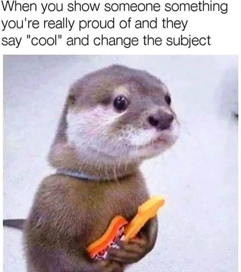 Capturing pure social disappointment, this animal memes post depicts a vulnerable, wide-eyed otter clutching a tiny orange toy plastic guitar to its chest. The heartbreaking image perfectly matches the caption about unenthusiastic reactions: "When you show someone something you're really proud of and they say 'cool' and change the subject."