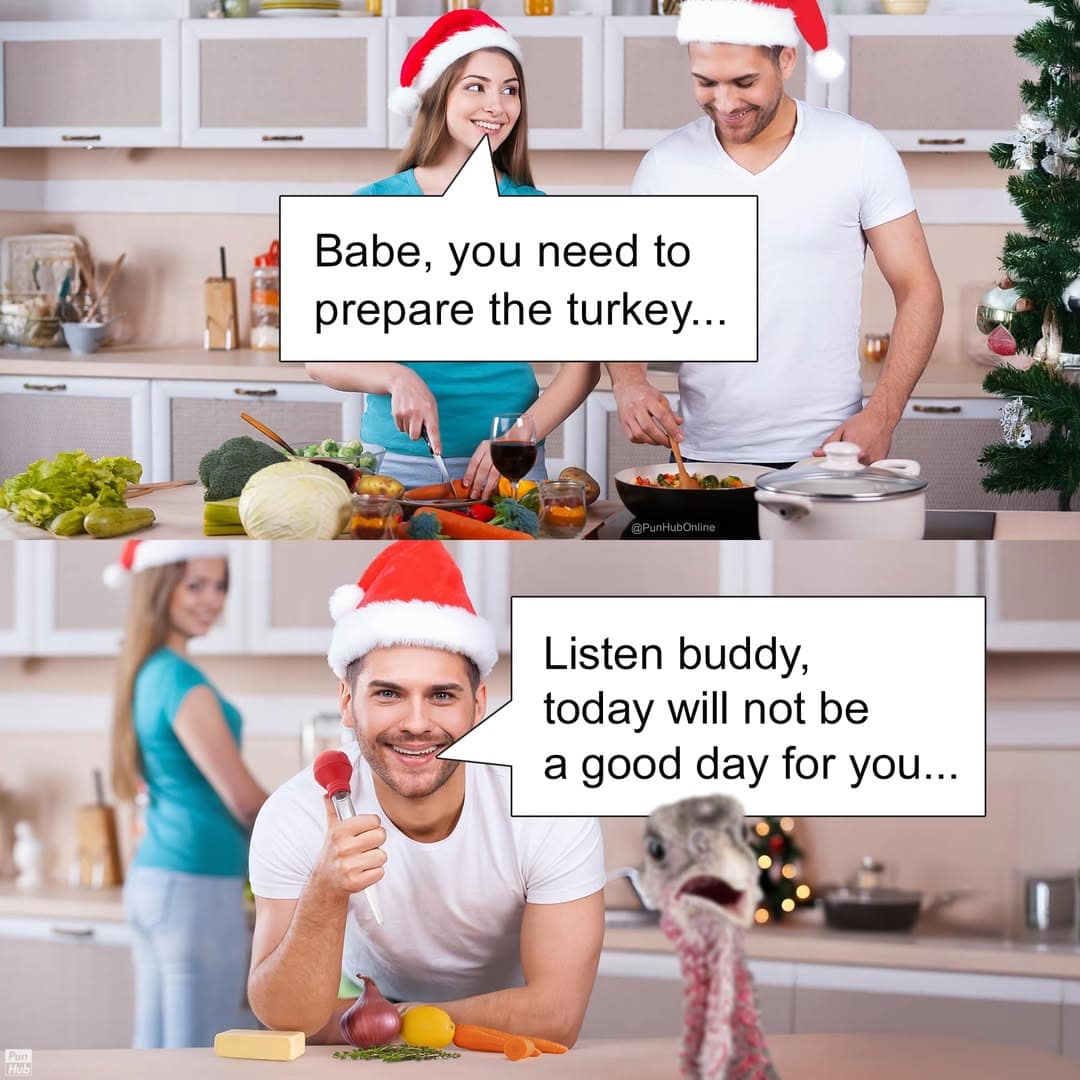 A darkly comedic holiday-themed animal pun strip showing a man taking his wife's cooking instructions too literally, leaning down to aggressively threaten a live, horrified turkey that today will not be a good day for it.