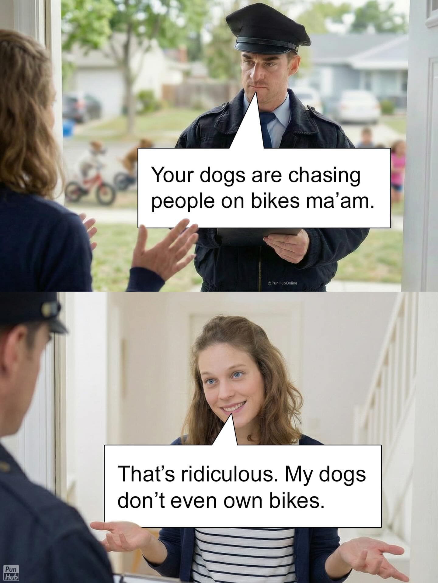 A classic law-enforcement animal pun panel where a police officer informs a resident that her dogs are actively chasing people on bikes, prompting her to retort that her dogs don't even know how to ride a bicycle.