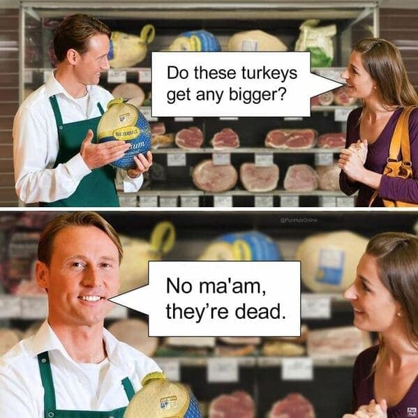 A grocery store butcher counter animal pun strip where a customer asks if the wrapped frozen birds get any bigger, prompting a smiling clerk to deliver the blunt reminder that they are dead.