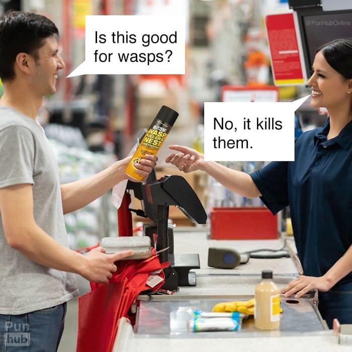 A hardware store retail animal pun setup showing a customer asking if a can of commercial bug spray is good for wasps, only for the cashier to deadpan that it kills them.
