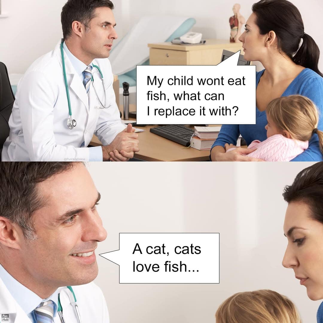 A medical checkup pediatrician animal pun strip where a mother asks what she can replace fish with because her daughter won't eat it, and the doctor unhelpfully suggests buying a cat instead.