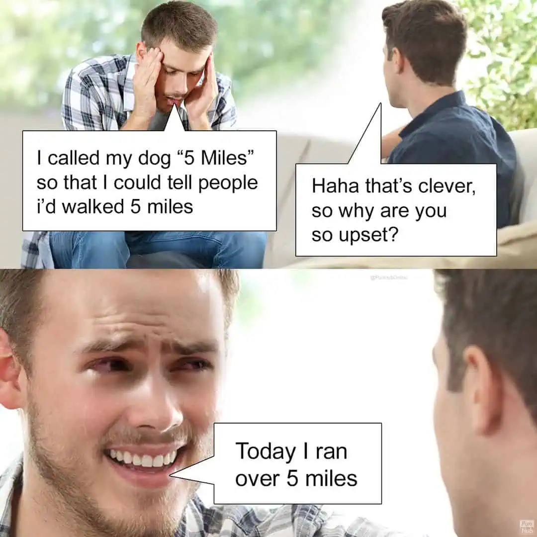 A darkly tragic dark-humor animal pun comic tracking a weeping man explaining he named his dog "5 Miles" to lie about his daily exercise, crying hysterically as he confesses that today he accidentally ran over his pet.