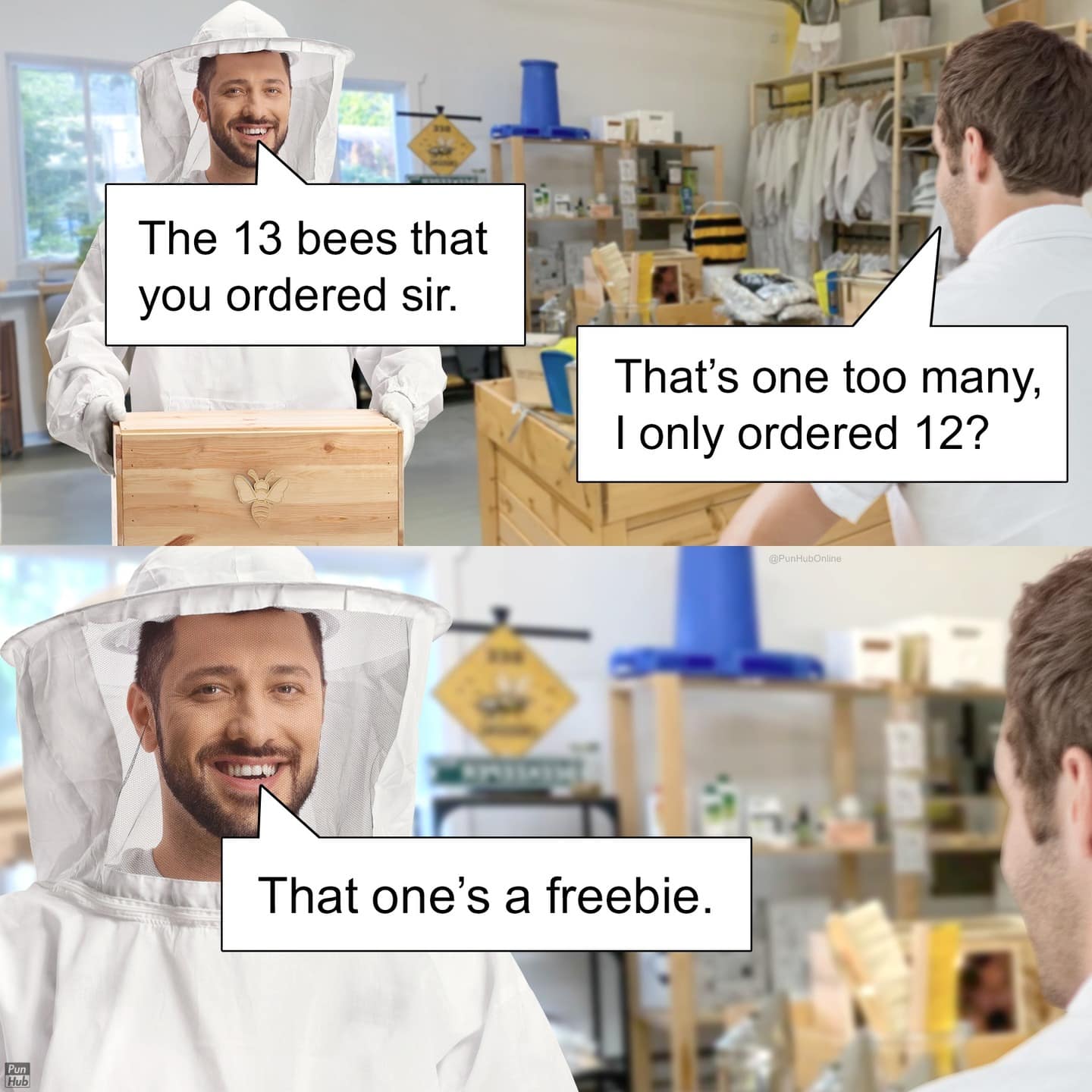 A beekeeper-themed animal pun webcomic showing a supplier delivering 13 insects instead of an order of 12, explaining that the extra one is a literal free bee.
