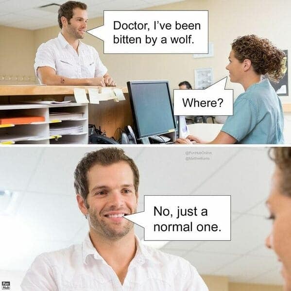 A medical-themed animal pun webcomic showing a patient telling a clinic receptionist he was bitten by a wolf, instantly confusing her question of "Where?" with "Were" as in a werewolf.