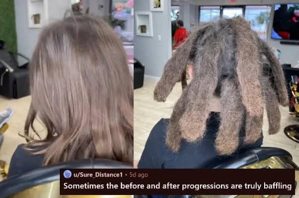 A before and after side-by-side view of a person with straight hair turning into severely matted dreadlocks.