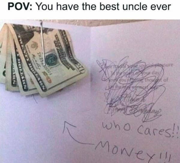 Open greeting card showing scribbled out text with twenty dollar bills and handwritten notes about money.