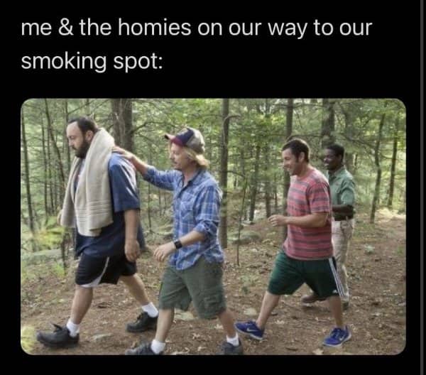 Scene from Grown Ups showing four friends walking together through a wooded forest area.