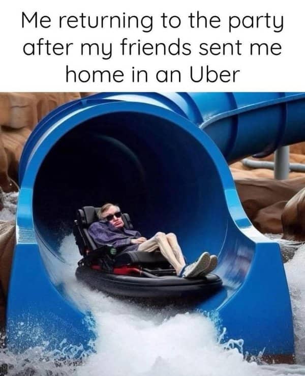Stephen Hawking sliding down a blue water slide tube on a specialized raft.
