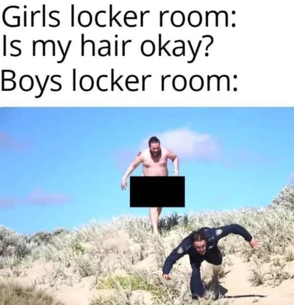 Split screen comparing a calm girls locker room query to a wild boys locker room chase.
