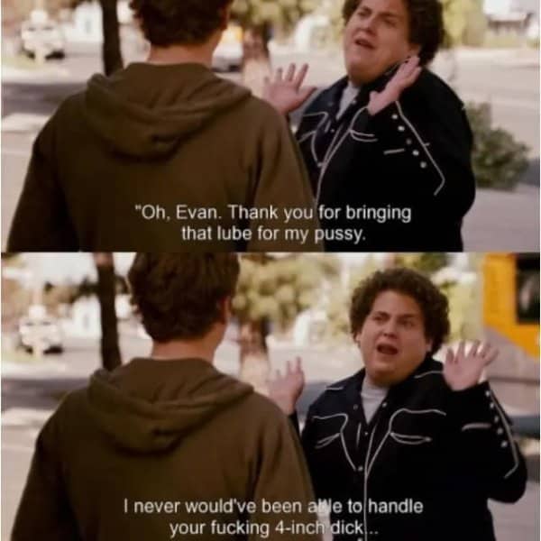 Movie scene showing Jonah Hill shouting explicit comedic dialogue across a public street.