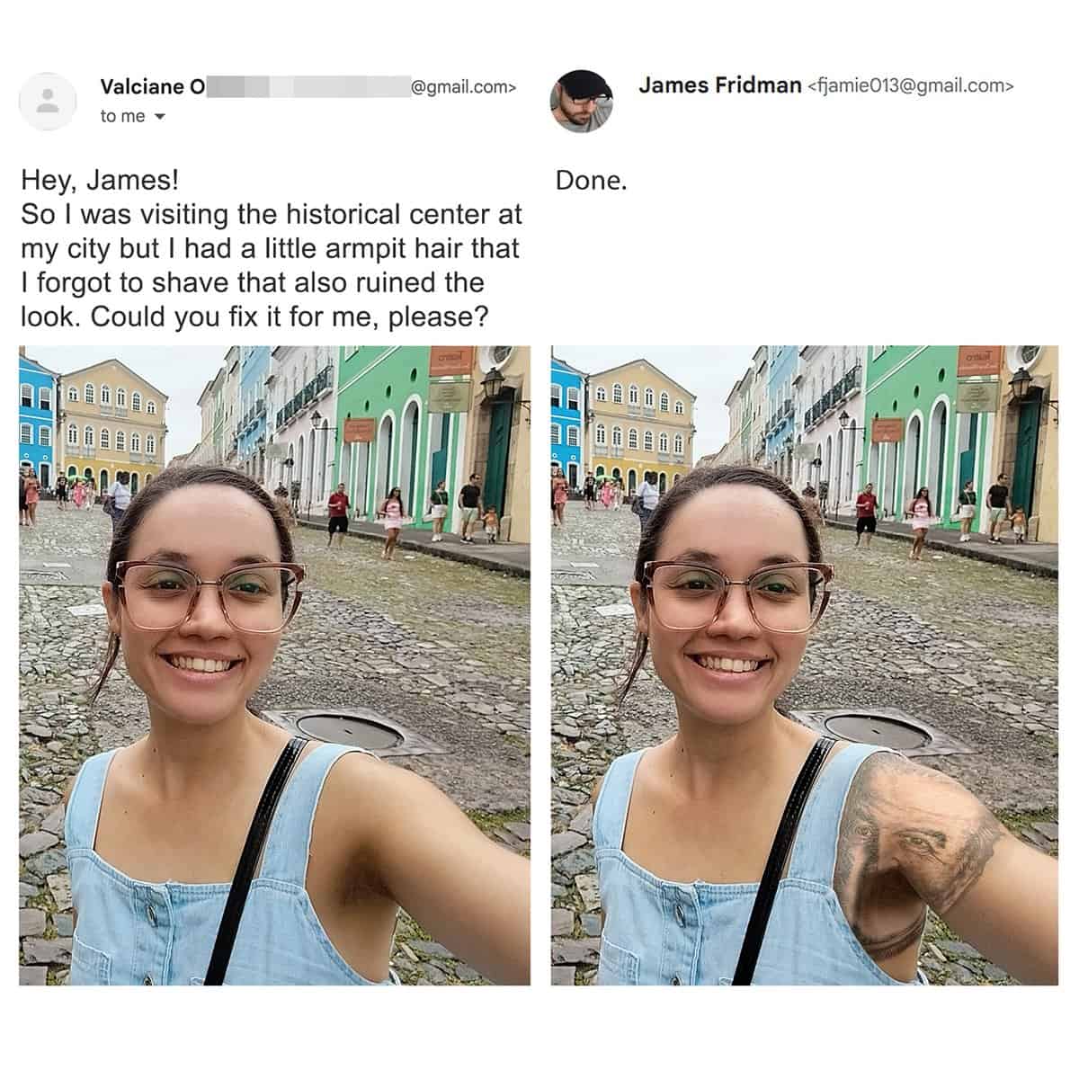 A hilarious body-modification parody from the best of James Fridman photoshop logs addresses a woman's request to remove a small patch of unshaved armpit hair by transforming the hair into a detailed tattoo of a man's face with a prominent mustache.