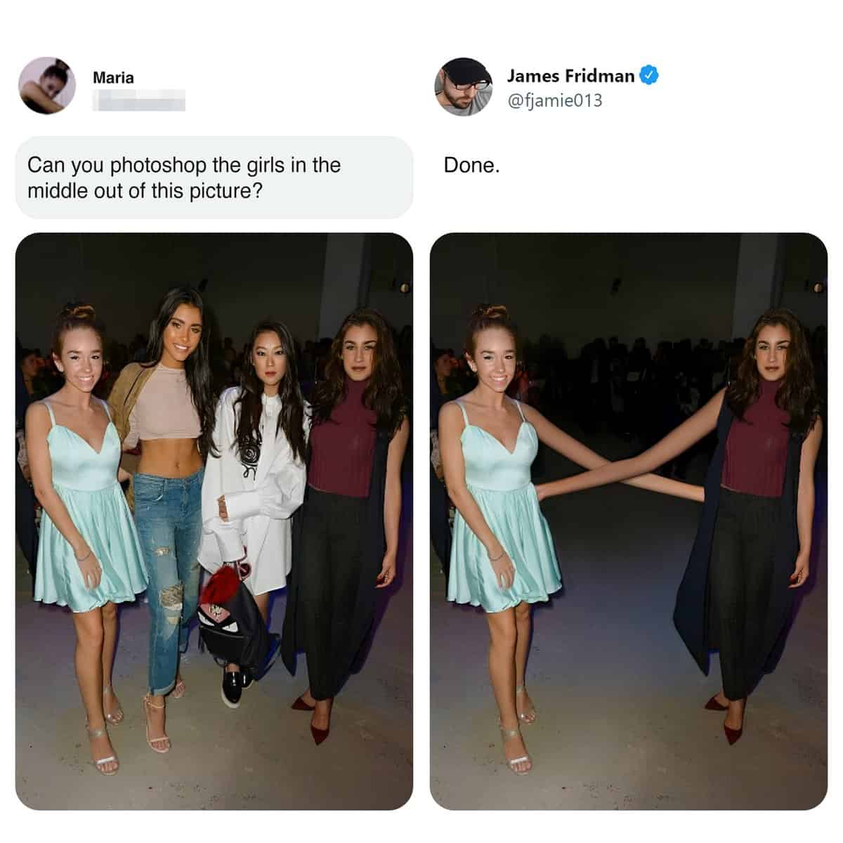 A comically distorted group photo edit from the best of James Fridman photoshop stream erases two girls photobombing the middle of a lineup, but stretches the arms of the two outer friends to absurd lengths so they can still hold hands across the massive void.