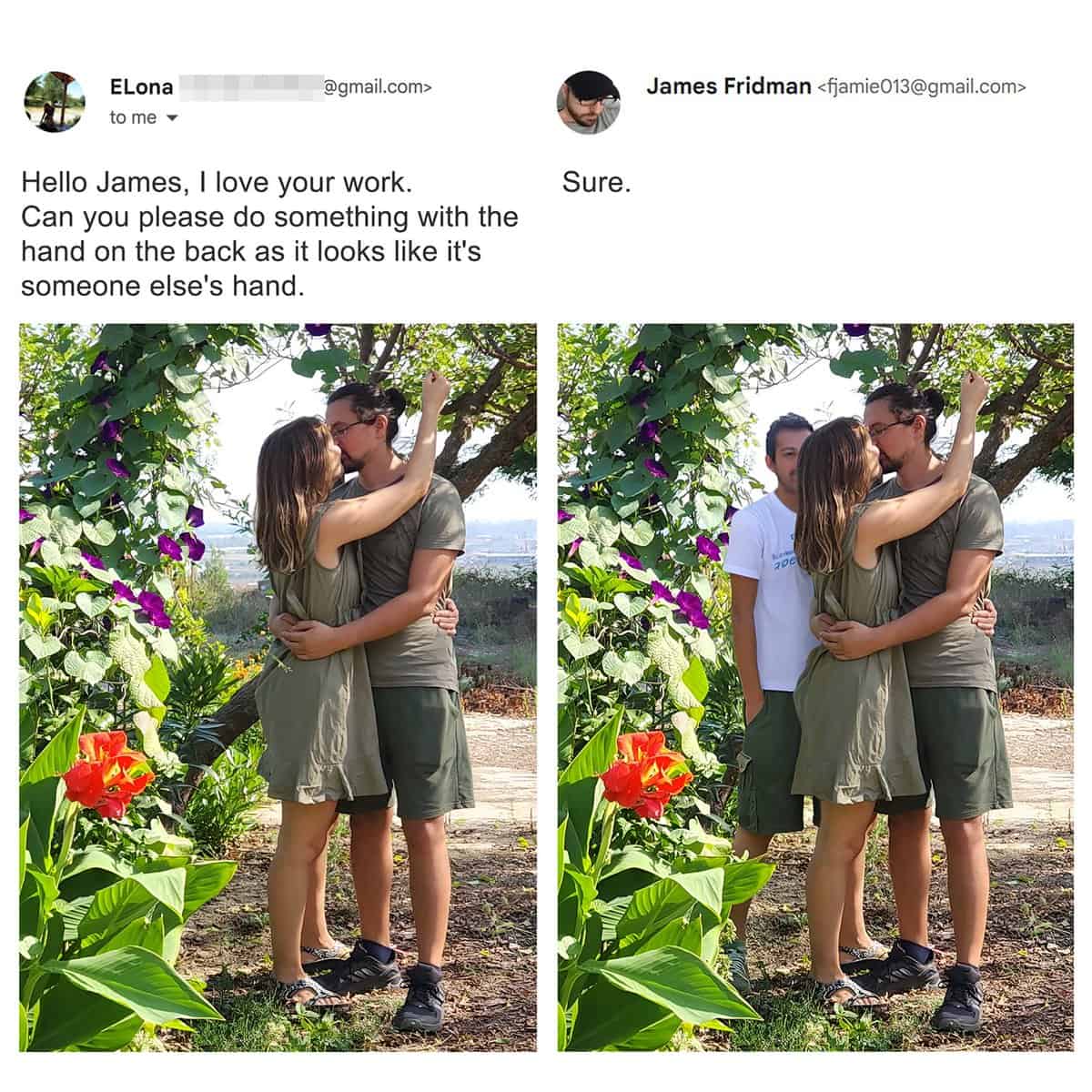 A witty scenario setup from the best of James Fridman photoshop vault handles a couple's concern that a hand resting on the husband's back "looks like it belongs to someone else" by photoshopping a random guy peeking out from behind the bushes to claim ownership of the hand.