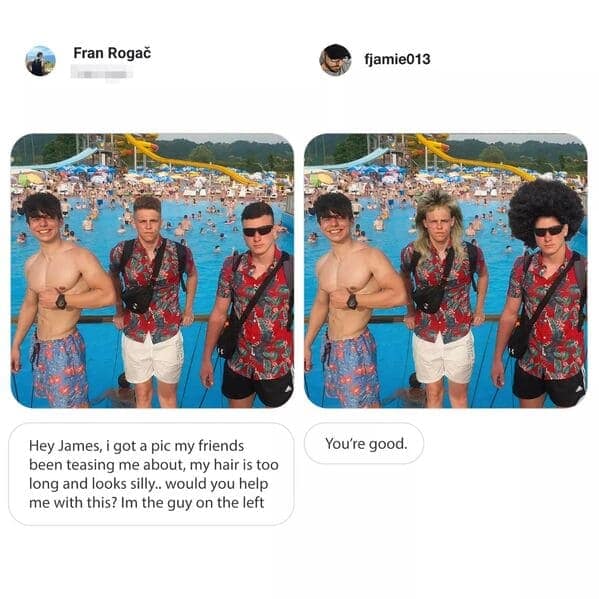 A group dynamic subversion from the best of James Fridman photoshop series handles a complaint from a guy whose friends are teasing him about his hair looking "silly" by leaving him completely alone and giving his two friends a massive mullet and an enormous 1970s afro.