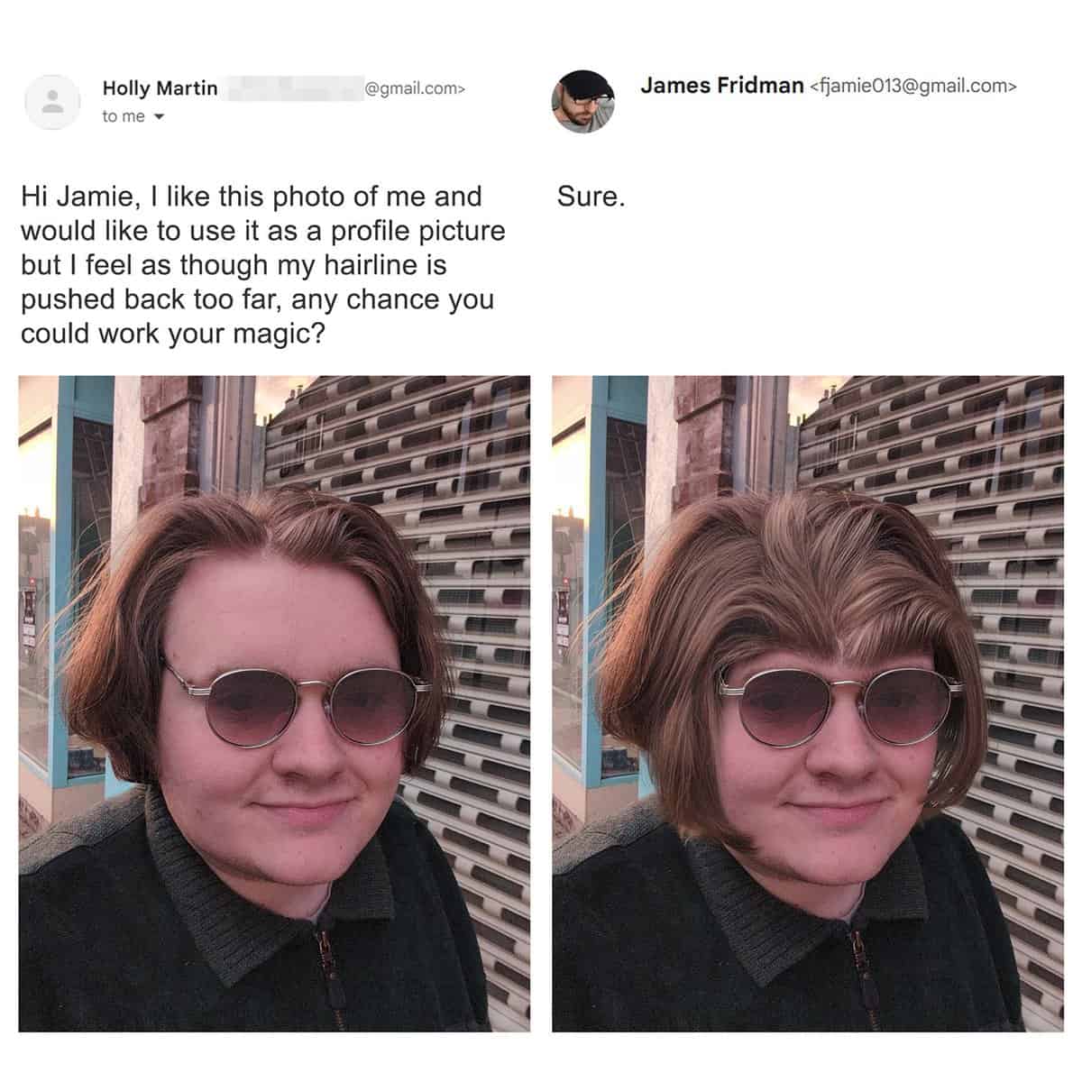 A side-by-side portrait from the best of James Fridman photoshop collection shows a user requesting a fix for a pushed-back hairline, resulting in a comical edit where the hair is swept aggressively forward into a massive fringe touching the eyebrows.