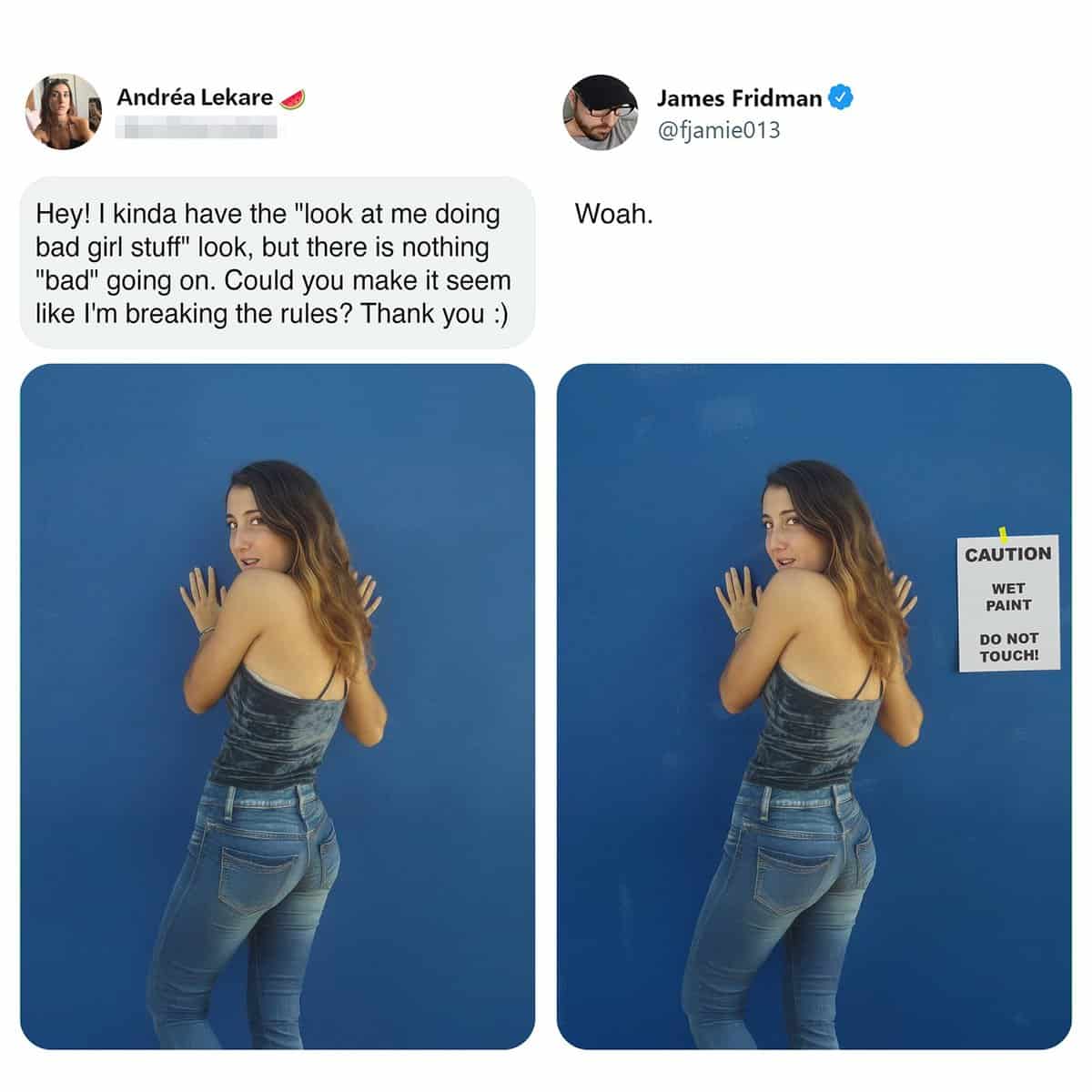 A clever rule-breaking joke from the best of James Fridman photoshop series shows a woman posing with her hands flat against a solid blue wall asking to look like a "bad girl," which is solved by adding a "CAUTION WET PAINT DO NOT TOUCH" sign.