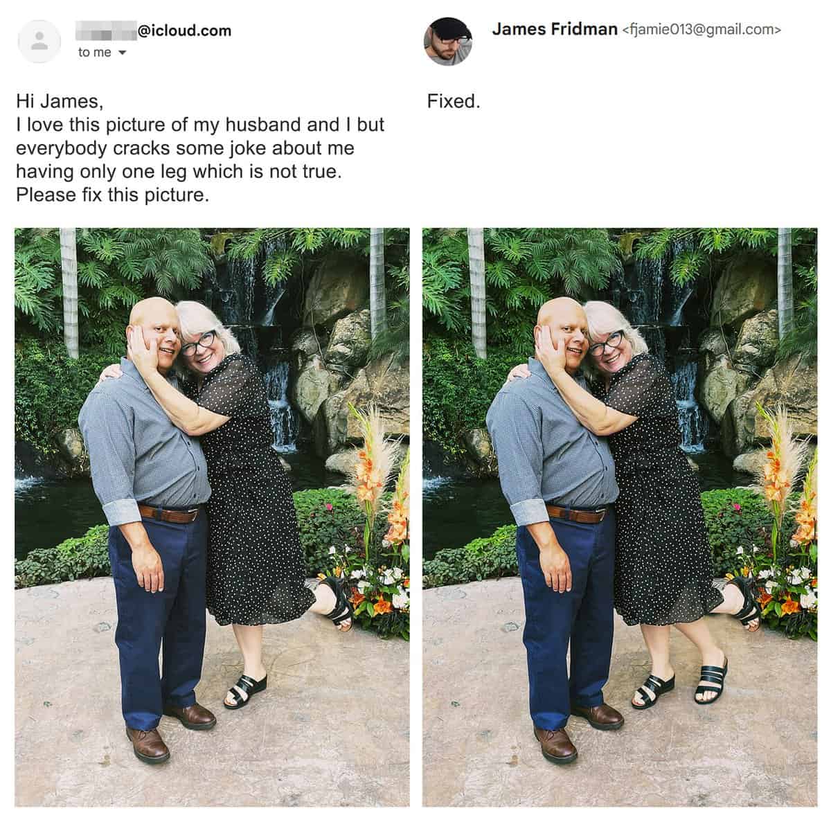 An absurd anatomical solution from the best of James Fridman photoshop timeline handles a woman's complaint that a perspective trick makes her look like she has only one leg by adding a literal third leg to her stance.