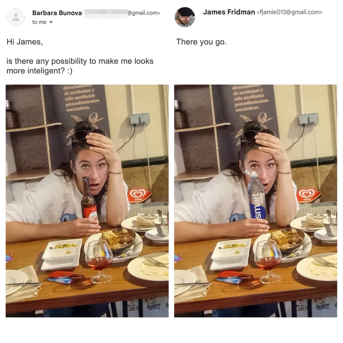 A witty intellectual upgrade edit from the best of James Fridman photoshop stream takes a woman's request to look more "inteligent" and swaps the beer bottle in her hand for a bottle of Smartwater.