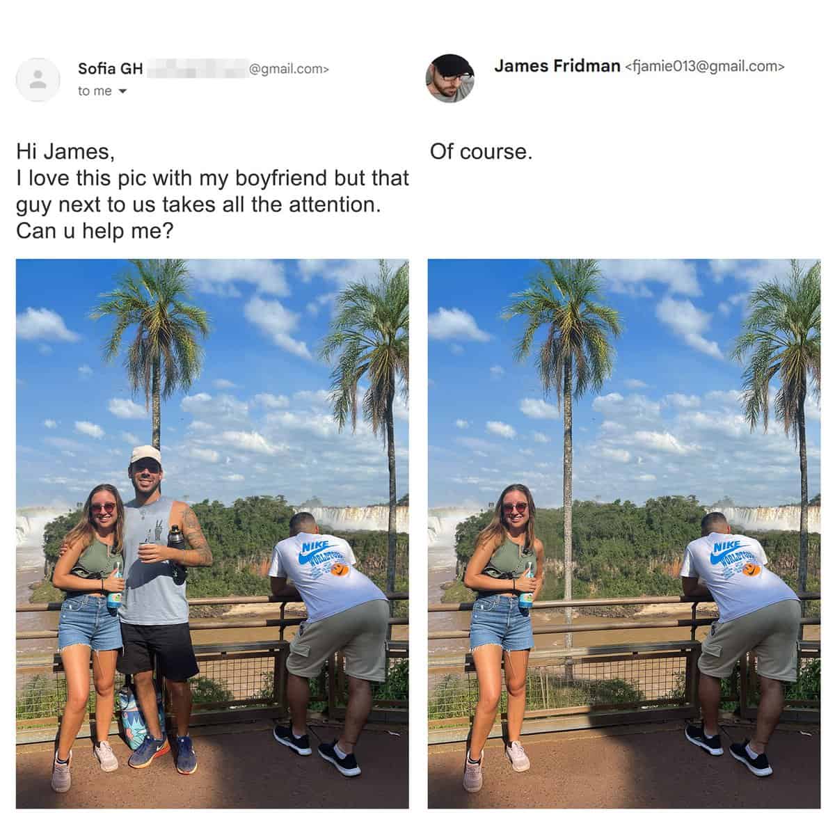A brutal relationship sabotage crop from the best of James Fridman photoshop series shows a woman asking to remove a background stranger drawing too much attention, resulting in James cropping her boyfriend completely out of the frame.