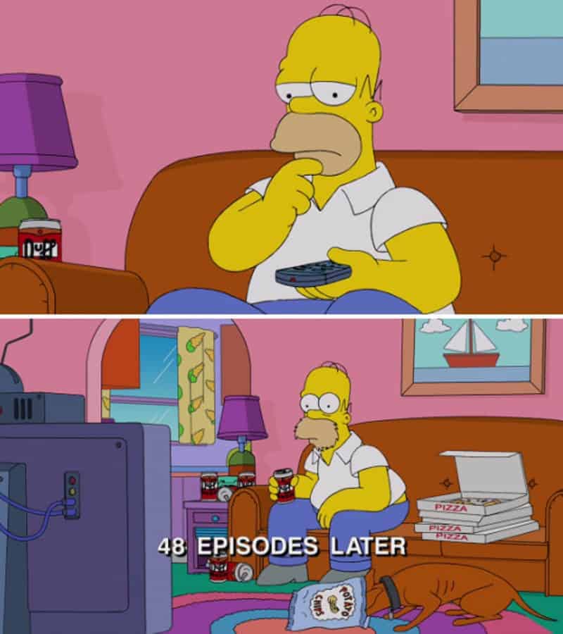 Two-panel cartoon of Homer Simpson channel surfing and then appearing unkempt forty-eight episodes later.