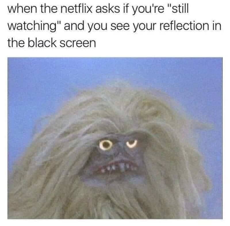 Hairy creature meme representing a disheveled person seeing their reflection in a blank TV screen.