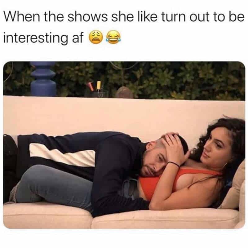 Couple cuddling on a sofa with a text caption about enjoying a partner's show.