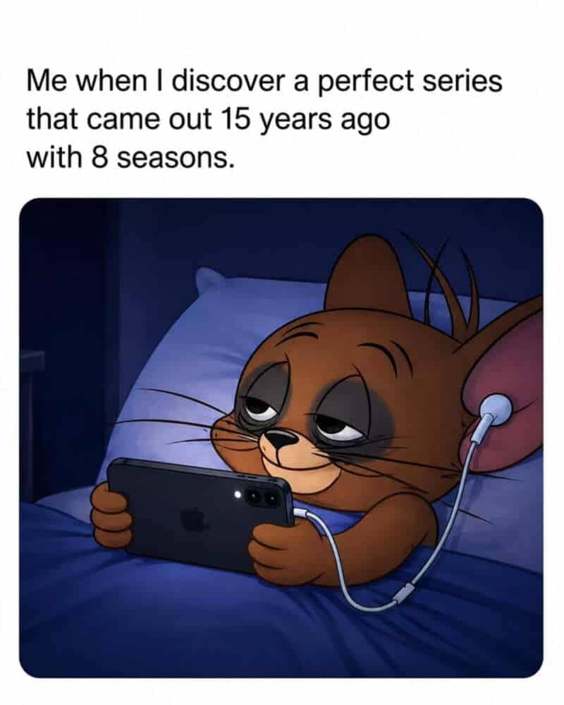 Cartoon mouse Jerry looking exhausted while staring at a smartphone screen in bed.
